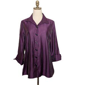 Multiples Purple Shimmer Button-Front Tunic Top Size M Dressy Asymmetrical
